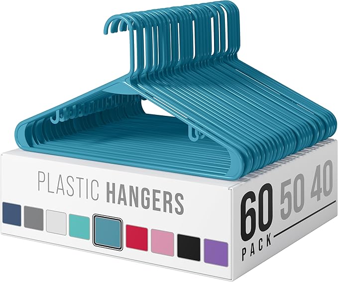 Plastic Hangers 60 Pack Blue - Clothes Hangers - Makes The Perfect Coat Hanger and General Space Saving Clothes Hangers for Closet - Percheros Ganchos para Colgar Ropa Hangars