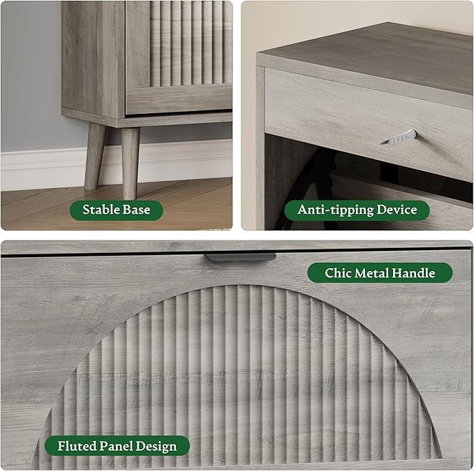 Xixini Shoe Storage Cabinet with 4 Flip Drawers, 36" Tall Narrow Wood Fluted Shoe Organizer for Entryway, Freestanding Wooden Hidden Slim Shoe Rack for Front Door Entrance, Hallway, Foyer, Light Grey