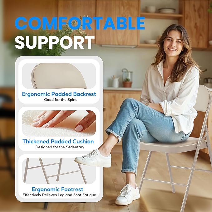 Simple Deluxe 2 Pack Portable Padded Folding Chairs, Leather Upholstered Seat Pad & Durable Metal Construction, Commercial-Grade Seating for Home, Office, Indoor Outdoor Events, Vinyl Kahki