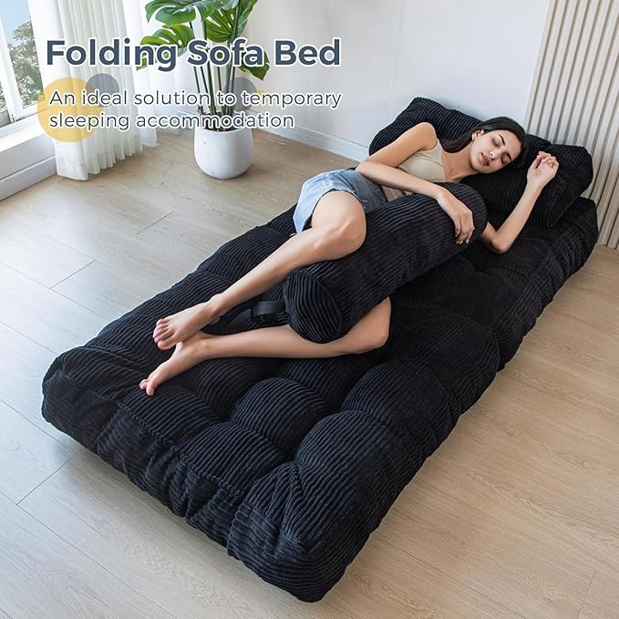 MAXYOYO Folding Sofa Bed, Convertible Chair with Pillow Foldable Couch with Back Support, Portable Fold Out Chair Bed Comfy Floor Sofa Lounge for Living Room Bedroom, Black, Single