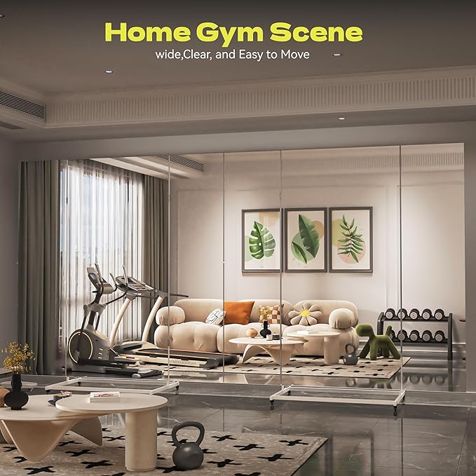 Hasipu Large Full Length Rolling Mirror - 79"×79" Tri-Fold Full Body and Tempered Glass Movable Home Gym Mirror on Wheels with Stand for Gym, Dance Studio, Fitness Room, and Home