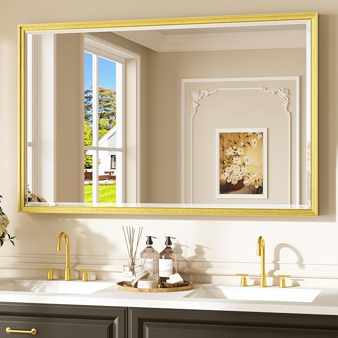 Keonjinn 48" x 30" Brushed Gold Bathroom Mirrors for Over Sink, Gold Framed Mirror, Beveled Tempered Glass, Shatterproof, Rectangle Bathroom Vanity Mirror for Wall Decor, Modern Transitional Style