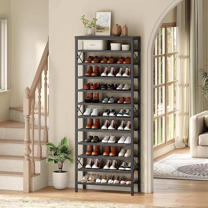 YATINEY 12-Tier Tall Shoe Rack Organizer, Wooden Shoe Storage for Closet Holds 48 Pairs, Sturdy Shoe Shelf with X-Shaped Metal Support, for Entryway, Bedroom, Charcoal and Black SS212BC