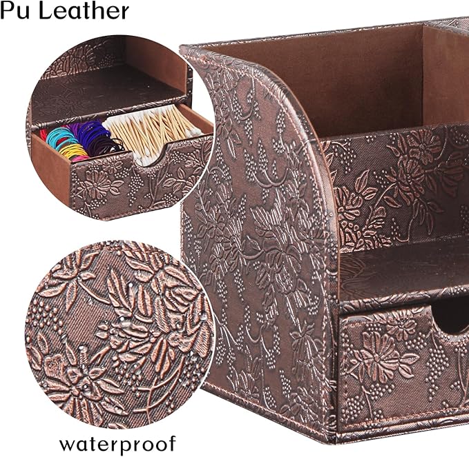 Square Tissue Box Cover with Drawer Storage and Tray on Top, PU Leather Tissues Cube Boxes Holder, Modern Nightstand Organizer Caddy, Remote Control Holder for Bathroom, Bedside, Office, Home