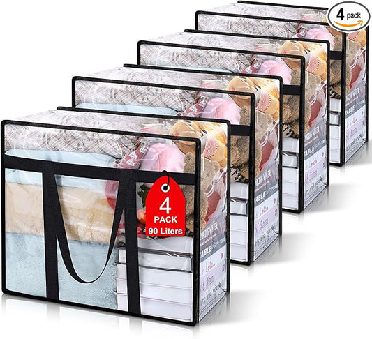4Pack Clear Blanket Storage Bags, Vinyl Comforter Clothes Storage Closet Organizers and Storage Containers Moving Bags with Reinforced Handle for Bedding, Clothing, Comforters, Pillows, Toys,90L