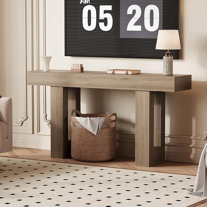 IDEALHOUSE 63" Entryway Table, Wood Console Table with Charging Station, Extra Long Sofa Table, Narrow Hallway Foyer Table for Entryway, Hallway, Living Room, Grey