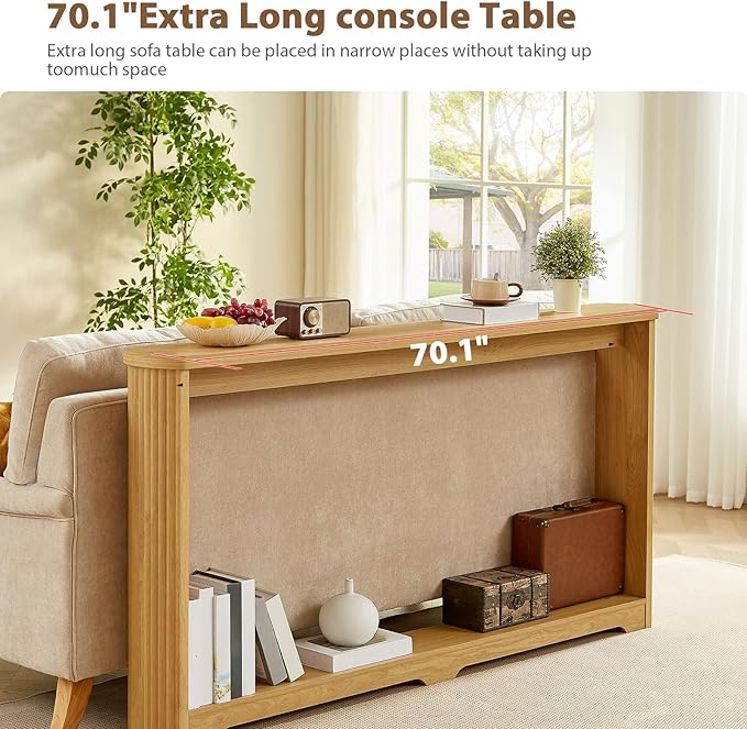 70" Extra Long Narrow Console Table, Fluted-Side Sofa Table with Open Shelf, Entryway/Hallway/Living Room Console – Natural