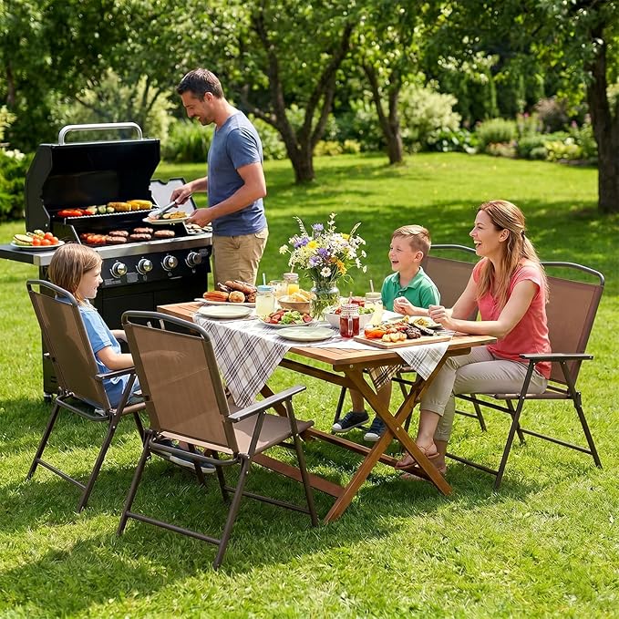 TLSUNNY Patio Folding Chairs Set of 4, Portable Dining Lawn Chairs, Outdoor Folded Furniture W/Breathable Textilene & Steel Frame, Armrests & Crossbar, All Weather for Pool, Camping (4, Brown)