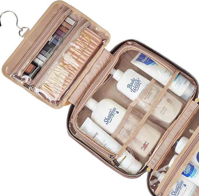 NISHEL Travel Toiletry Bag for women, Portable Hanging Organizer for Full-Sized Shampoo, Conditioner, Brushes Set, Makeup Accessories, Large Size, Rosewood-Pink