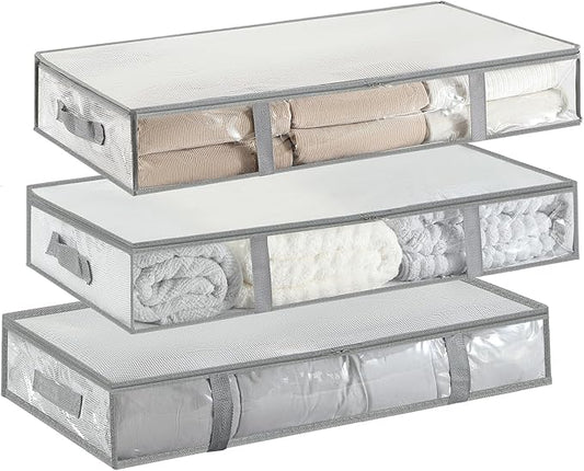 3 Pack Under Bed Storage Bags, Humid-proof Material Plastic Underbed Storage Containers, Blanket/Clothes Storage Bins with Lid, Closet/Bedding Comforter/Sheet Storage and Organizer