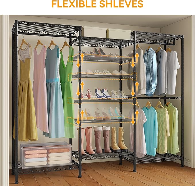Higeego H12 Heavy Duty Clothes Rack with Adjustable 5-Tier Shoe Rack, Freestanding Clothing Racks for Hanging Clothes, Metal Shoe Organizer Large Closet Racks, 15.7" D x 68.7" W x 76.4" H, Black