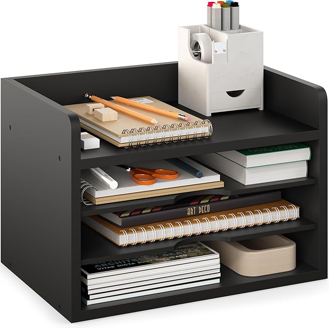 Ballucci File Organizer, 4-Tier Office Desk Organizer, Open Top Wood Paper Organizer for Classroom, Desktop Mail Sorter Paper Tray, Black
