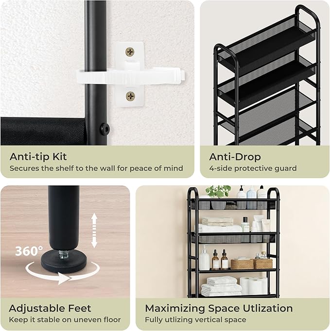 4-Tier Over The Toilet Storage Shelf and Rack | Above Toilet Organizer with Metal Frame & Vinyl Mesh, Space-Saving Unit for Bathroom and Laundry Room, Black