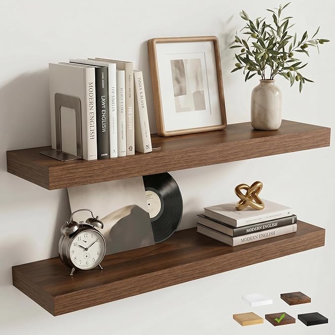 Venusmiles Floating Shelves for Wall, 24 Inch Floating Shelves Set of 2, 6.5" D Wooden Wall Mounted Display Shelves with Invisible Brackets for Living Room, Bedroom, Bathroom, Kitchen Decor, Walnut