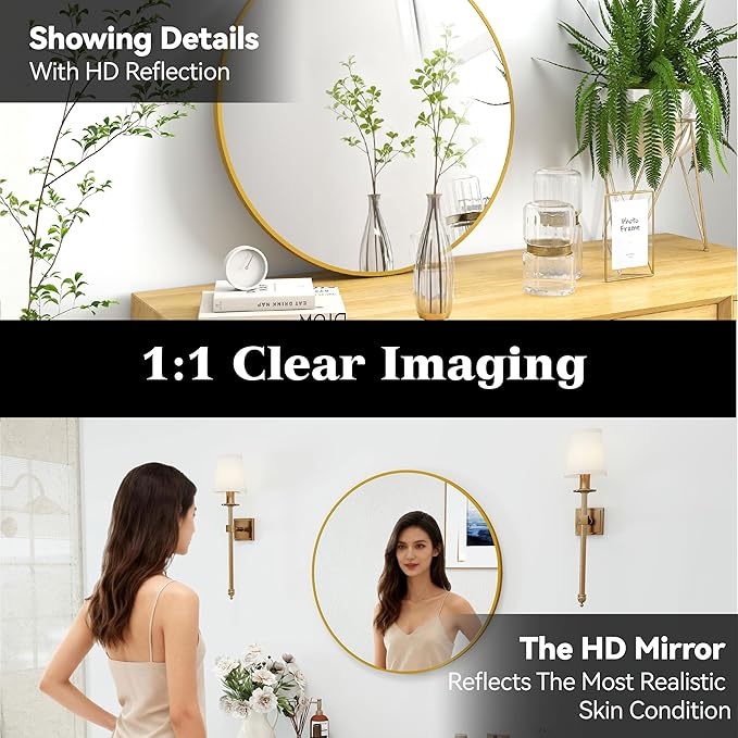 SCWF-GZ 24" Round Mirror Circle Wall Mounted Hanging or Against Wall Metal Frame Dressing Make-up Mirrors for Entryway Bedroom Bathroom Living Room 24 inch Gold