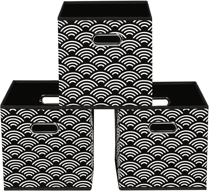 Fabric storage bins Cubes, Fabric Cube Organizer with Handle, Foldable Cube Bins for Cloth or Accessary Storage, 11x11x11, Set of 3, (Black clouds)