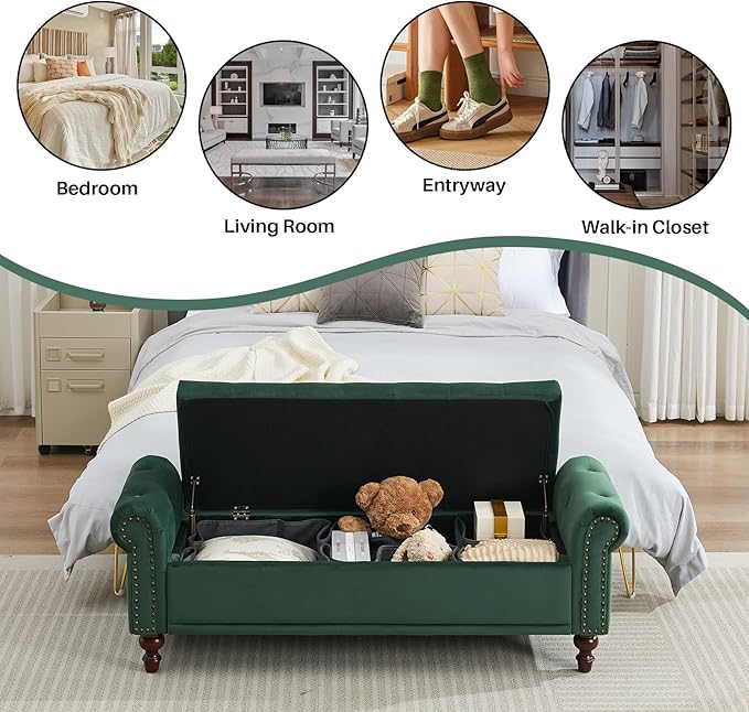 SOFTHION 58.1" Storage Bench Upholstered Velvet End of Bedroom Bed Bench Ottoman with Tufted Cushioned Rolled Arm Large Storage Space for Reading Living Room Entryway,Dark Green