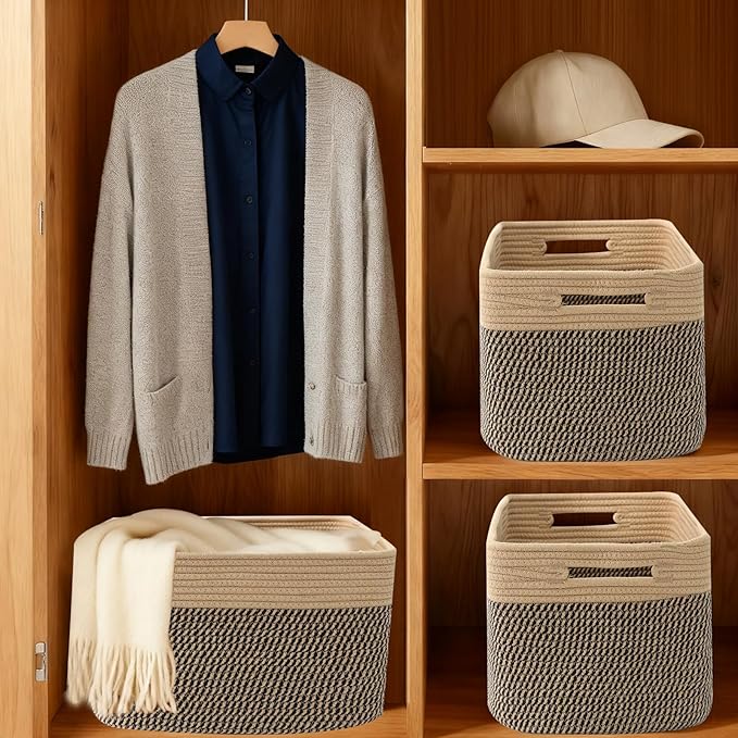 3 Pack Woven Rope Storage Baskets for Shelves,13.5"×11"×9.5" Storage Bins with Handles,Empty Gift Baskets,Nursery Organizer for Toys,Towels,Books,Closet,Living Room,Bedroom (Jute&Black)