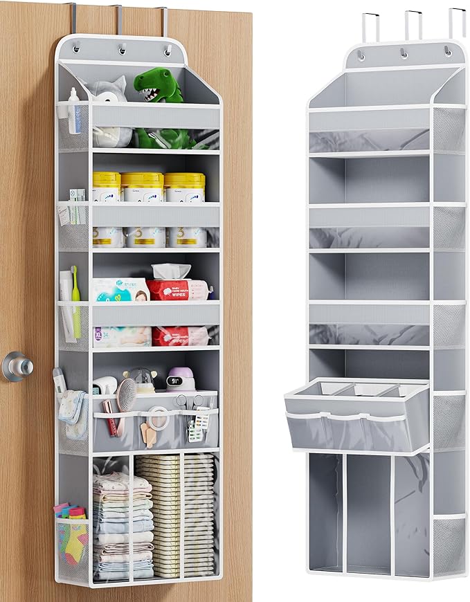 OneDream Over the Door Organizer for Nursery, 5-Tier Baby Clothes Organizer with Removable Storage Caddy, Hanging Behind Door Storage with Clear Pockets and Side Mesh Compartments, Grey
