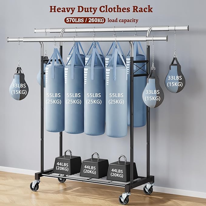 FAVOOSTY Clothes Rack for Hanging Clothes Double Rods, Rolling & Extending Clothing Rack with Wheels, Garment Coat Rack Freestanding, Portable Clothes Rack, Black