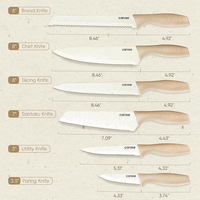 CAROTE 12PCS Knife set with Blade Guards,Granite Nonstick Ceramic Coating,Stainless Steel blade, Anti-Slip Handle, Essential Knives, Rustproof, White