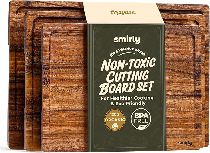 SMIRLY Wood Cutting Boards for Kitchen - Walnut Cutting Board with Handle and Juice Groove for Meal Prep, Serving, Charcuterie - Kitchen Gadgets, House Warming Gifts - Wooden Chopping Board Set of 3