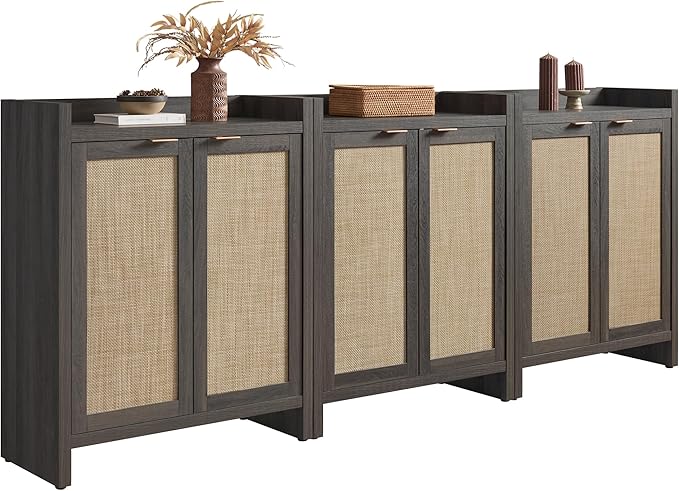 SICOTAS Shoe Storage Cabinet Set of 3, Large Capacity Rattan Shoe Cabinet for Entryway, 6-Tier 41" Tall Shoe Cabinet, Farmhouse Wooden Storage Cabinet for Living Room Hallway, Black Oak