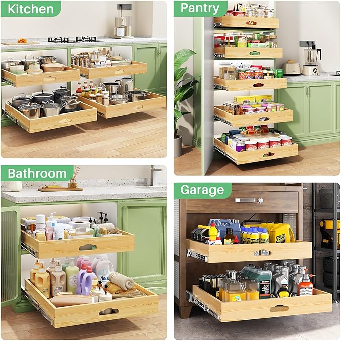 Pull Out Cabinet Organizer, Soft Close Wooden Slide Out Drawers for Pots and Pans, Full-extension Roll Out Shelves for Kitchen Cabinets, Pantry Organization, Bottom & Side Mount(26"W X 21"D x 3.4''H)