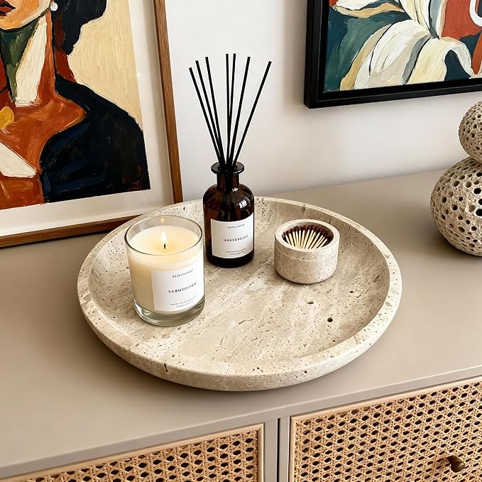 Vanity Tray for Bathroom, Dresser, Counter, Home Decor 10.24” D x 1.18”H Travertine Round Decorative Tray for Candles, Perfumes, Jewelry, Plants Natural Stone Organiser Dish Beige (NS053)