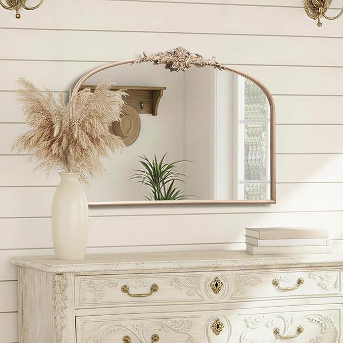 Besdomus Arched Vintage Gold Mirror: 32"x24" French Large Champagne Gold Antique Wall Mounted Mirror - Baroque Traditional Ornate for Fireplace/Bathroom/Living Room - Wall Decor for Fashion-Conscious