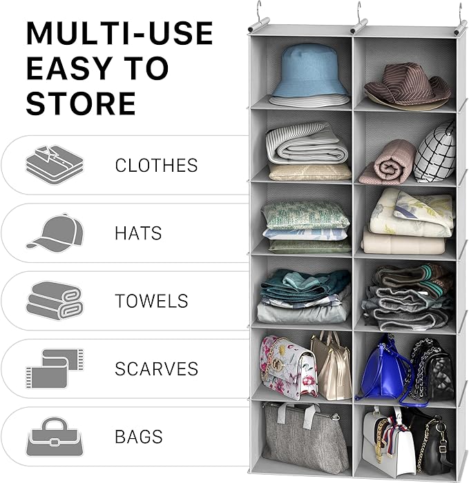 Simple Houseware 6 Shelf Double-Wide Hanging Closet Organizer, 12 Large Shelves Total, Gray