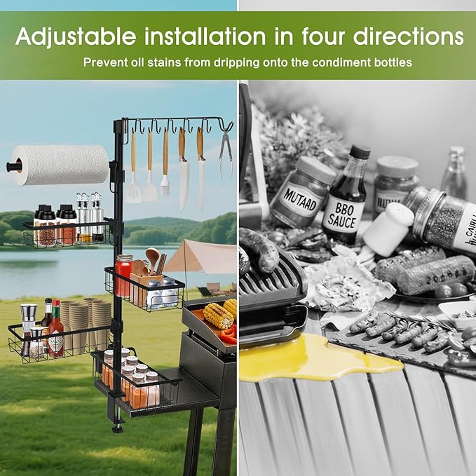 10-in-1 Griddle Caddy, Outdoor BBQ Organizer Rack with Paper Towel Holder, Utensil Hooks & Condiment Basket, Barbecue Accessories Storage Station for Camping Kitchen, Patio, Ideal Gift for Men, Dad