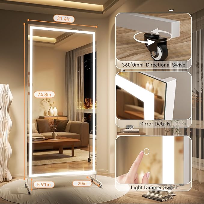 Hasipu 75" x 32" Full Length Mirror on Wheels with LED Light — Dimmable Warm/Natural/Cool, Shatterproof Tempered Glass, Wall Mountable, Rolling Dressing Mirror for Home Gym, Makeup, Yoga, Studio