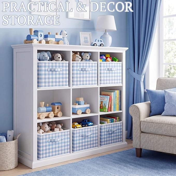 Yalikop 6 Pcs Blue Checkered Cube Storage Bins, 11 Inch Fabric Gingham Classroom Storage Bins Organizer with Handle Preppy Collapsible Cubby Basket for Classroom Home Nursery Playroom Bedroom