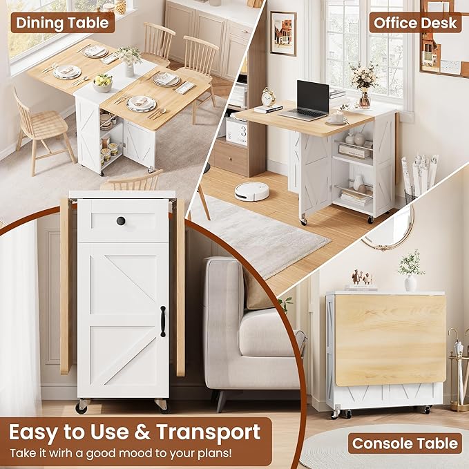 Jocoevol Space Saving Folding Dining Table for 4, Farmhouse Foldable Dining Table with Drawer and Storage Shelf, 6 Wheels Multipose Expandable Kitchen Drop Leaf Table for Small Space (Pear Wood White)