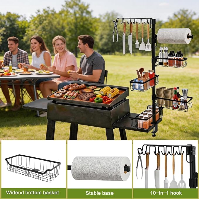 10-in-1 Griddle Caddy, Outdoor BBQ Organizer Rack with Paper Towel Holder, Utensil Hooks & Condiment Basket, Barbecue Accessories Storage Station for Camping Kitchen, Patio, Ideal Gift for Men, Dad