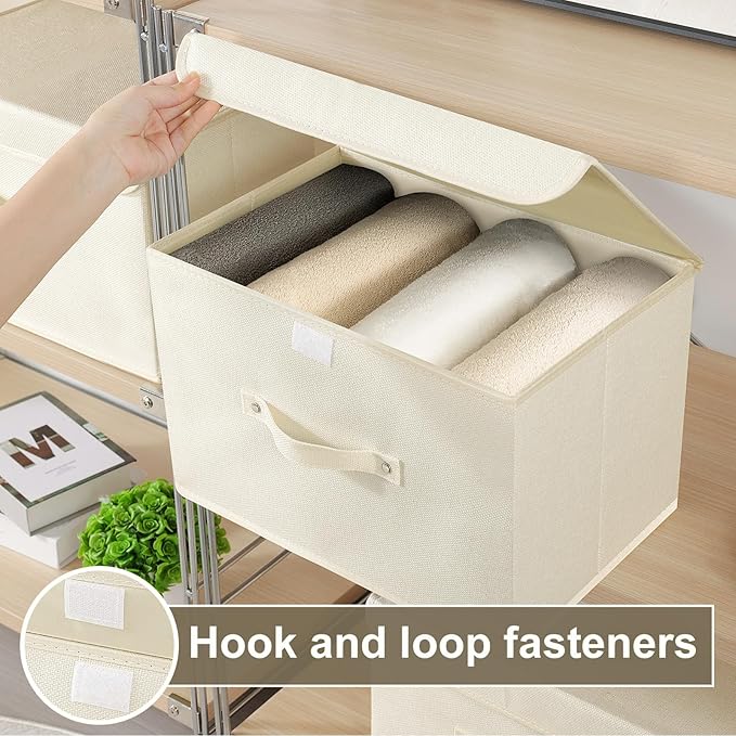 Fabric Storage Bins Cube Organizers with Flip-Top Lid and Handles, Storage Boxes for Organizing Home, Office, and Closet, Beige, 5 Pack 10.2 X 7.9 X 6.7 in