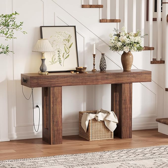 IDEALHOUSE 63" Entryway Table, Wood Console Table with Charging Station, Extra Long Sofa Table, Narrow Hallway Foyer Table for Entryway, Hallway, Living Room, Rustic Brown