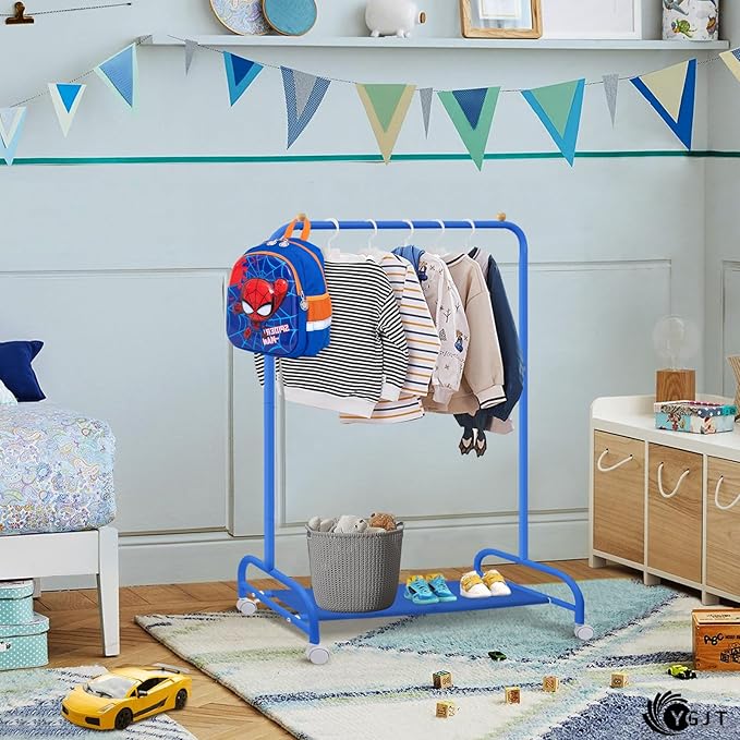 YGJT Kids Clothing Rack, Baby Clothes Rack for Hanging Clothes with Wheels and Bottom Storage Shelf, Small Toddler Garment Rack Kids Dress Up Storage Rack for Coats, Skirts, Dance Costume(Blue)