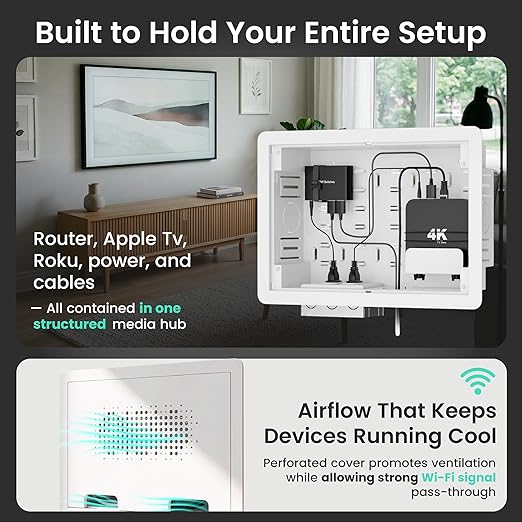 ynVISION.DESIGN 9" Recessed in-Wall Media Box for TV – Flush Wall AV Enclosure with Adjustable Shelf, Cable Straps & Vented Cover – Compatible with Apple TV, Roku & More - Pack of 3