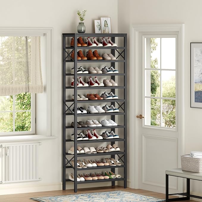 YATINEY 12-Tier Tall Shoe Rack Organizer, Wooden Shoe Storage for Closet Holds 48 Pairs, Sturdy Shoe Shelf with X-Shaped Metal Support, for Entryway, Bedroom, Black SS212BB