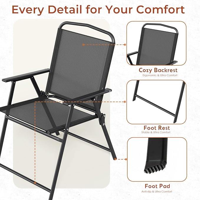 TLSUNNY Patio Folding Chairs Set of 4, Portable Dining Lawn Chairs, Outdoor Folded Furniture W/Breathable Textilene & Steel Frame, Armrests & Crossbar, All Weather for Pool, Camping (4, Black)