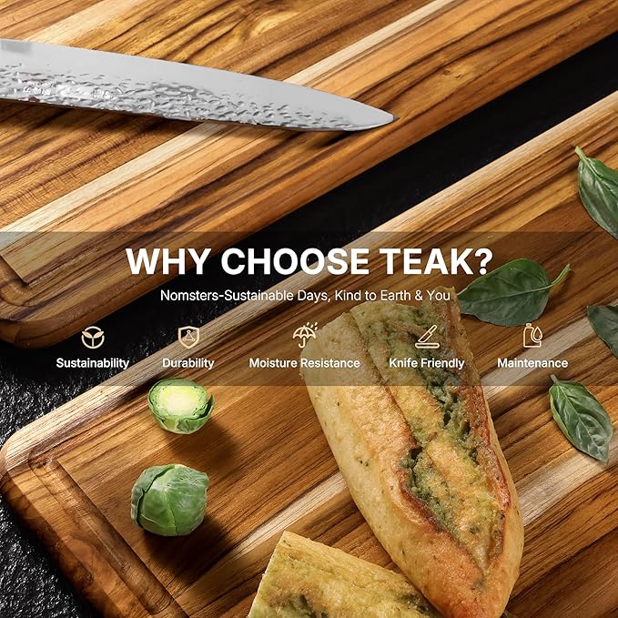 Teak Wood Cutting Board 17inch Wooden Chopping Board Non Slip Bamboo High-end Present Charcuterie Board Non Toxic Haus Over-Sink Christmas Xmas Birthday