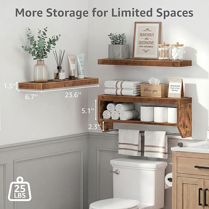 QEEIG Bathroom Floating Shelves for Wall - Shelf Over Toilet Paper Storage Farmhouse 24 inch Set of 3, Rustic Brown (028-60BN3)