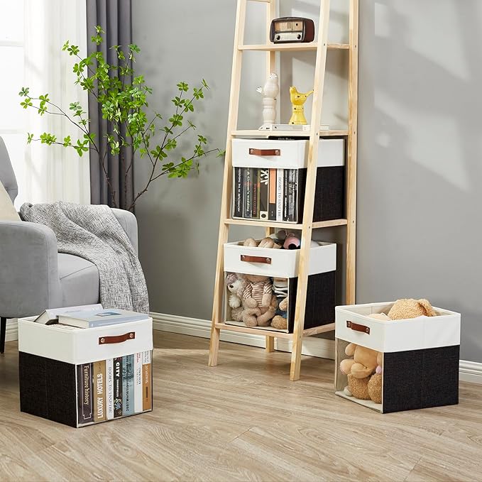 Bagnizer Storage Cubes, 4 Pack Linen Foldable Storage Bins with Clear Window and 2 Handles, 13x15x13 Storage Cube Bins for Shelf Closet, Kallax, Clothes, Books - (Black / Off-White)