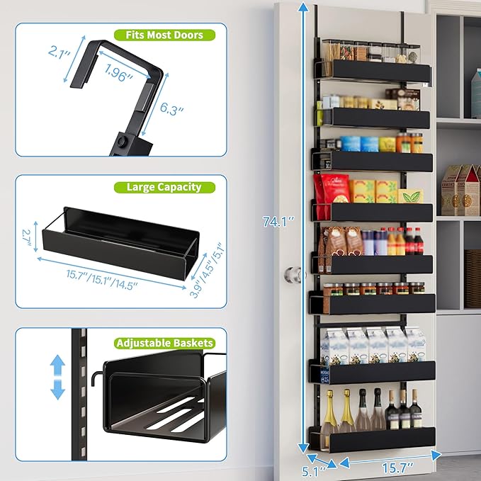 Narrow Over The Door Pantry Organizer, 8-Tier Metal Pantry Door Organization and Storage for Easy Instal, Hanging Spice Rack Shelves Door for Kitchen Pantry Door Organizers and Storage, Black