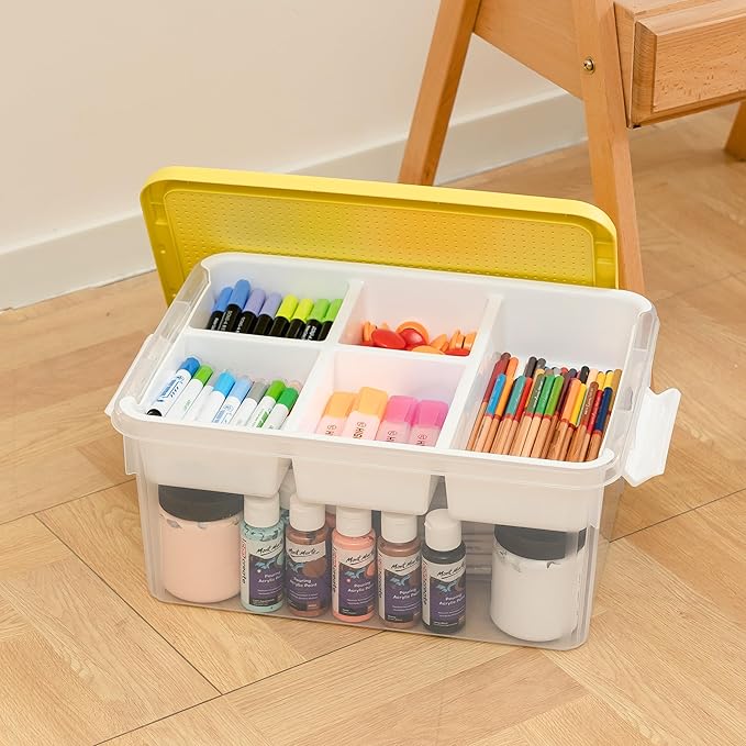 Citylife 17 QT Plastic Storage Box with Building Baseplate Lid and Removable Tray Craft Organizers and Storage Clear Storage Container for Organizing Bead, Tool, Sewing, Yellow-4 Packs