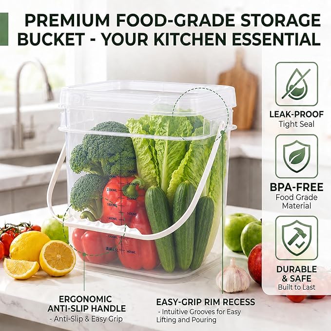 DEMORA 1Gallon Food Grade Square Plastic Bucket with Lid, Clear Airtight Storage Container, Reusable Pail for Kitchen Food Water Ice Cream Household Use 4Pcs (2 White+2 Transparent)