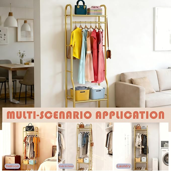 GloTika Narrow Clothes Rack - Clothing Rack with 3 Tier Metal Shelves, 71.9 Inch Tall Garment Rack with 8 Hooks, Freestanding Closet Organizer with Adjustable Leveling Feet for Small Space (Gold)
