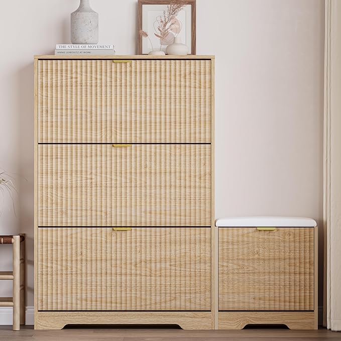 BORNOON Slim Shoe Cabinet with Bench for Entryway, Hidden Storage and Adjustable Shelves, Free Standing Wooden Shoes Organizer for Hallway, Foyer